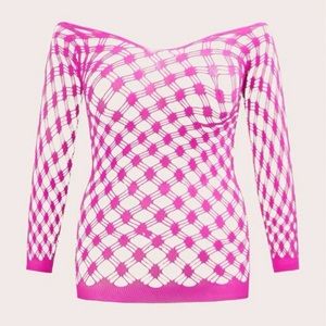 Plus size fishnet off the shoulder dress without lingerie.